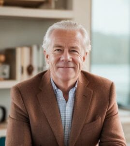 Headshot of Justin Simpson, co-founder of Here.Now.AI, smiling in a professional setting.