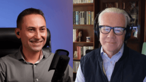 Alexandre Nevski and Justin Simpson seated side by side, engaged in conversation during the Innovation Tales podcast episode.