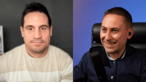 Podcast host Alexandre Nevski and guest Zeke Camusio smiling together during their discussion on AI in marketing.