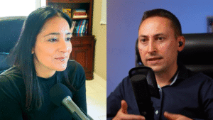 Side-by-side image of Innovation Tales host Alexandre Nevski and guest Aarti Anand in conversation during the podcast recording